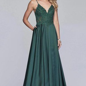 FAVIANA Long Satin Pageant Dress With Ballgown Skirt And Beaded Applique